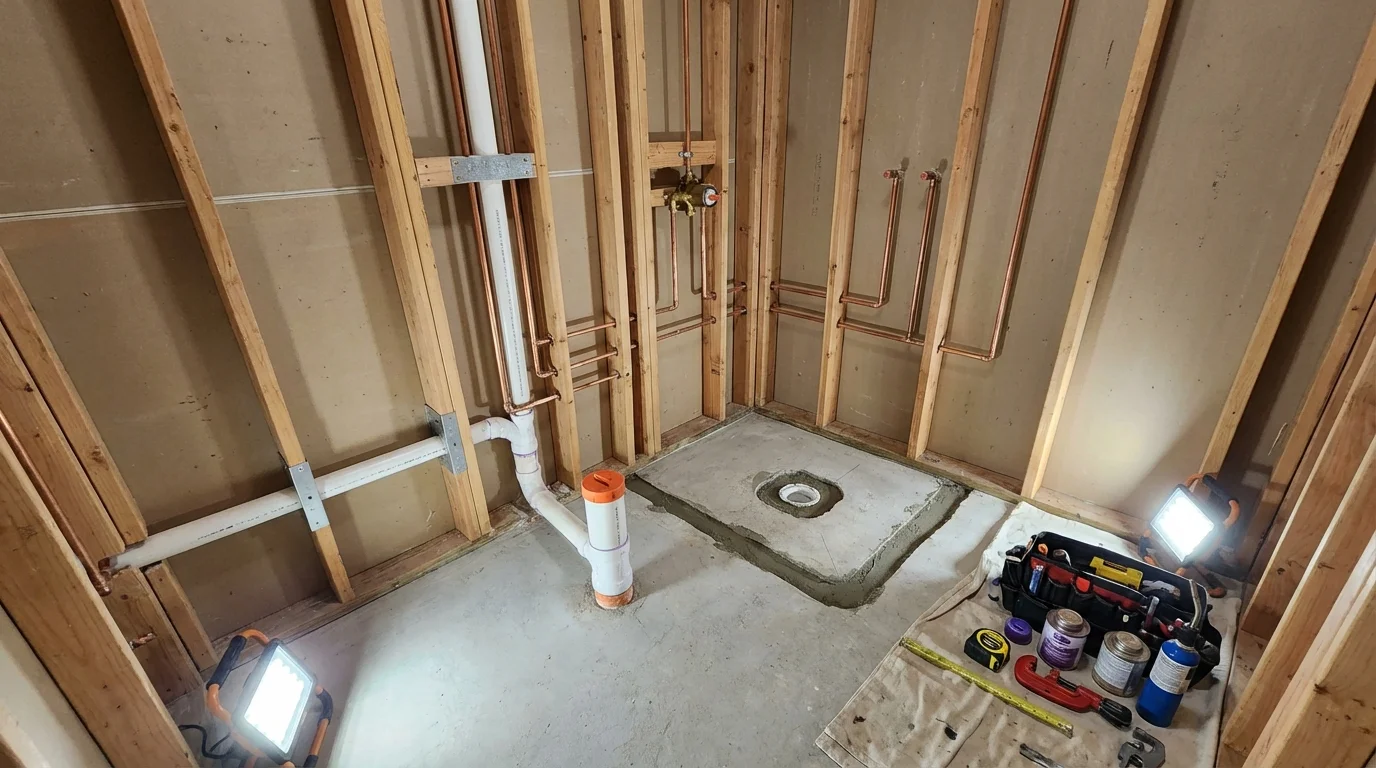 Bathroom rough-in plumbing during remodel by Johns Plumbing LLC in Rothschild