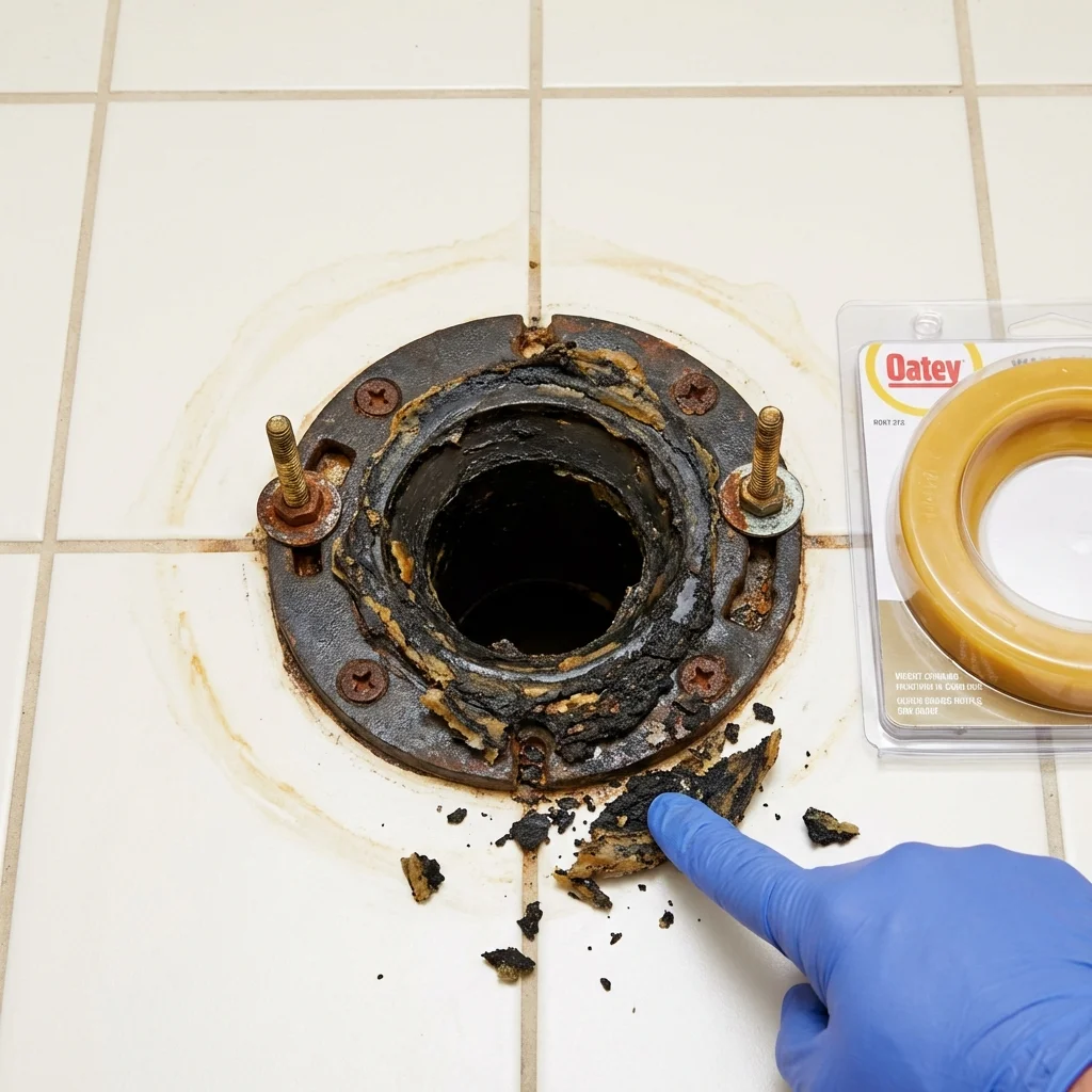 Failed wax ring showing water seepage at the base of a toilet in a Rothschild, WI home