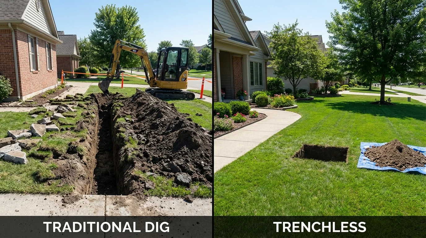 Trenchless sewer repair with minimal yard damage versus traditional excavation in Rothschild, WI
