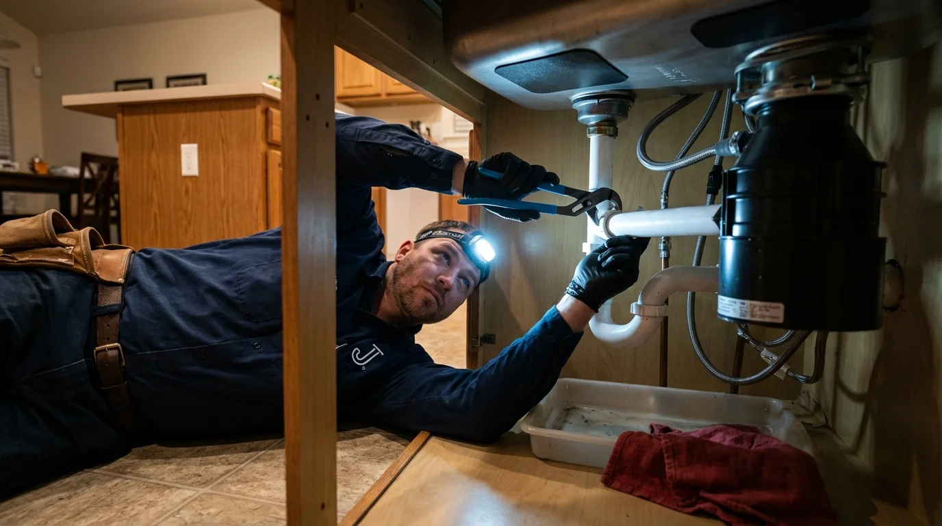 P-trap and supply line connections under a kitchen sink showing a common leak point in Rothschild, WI